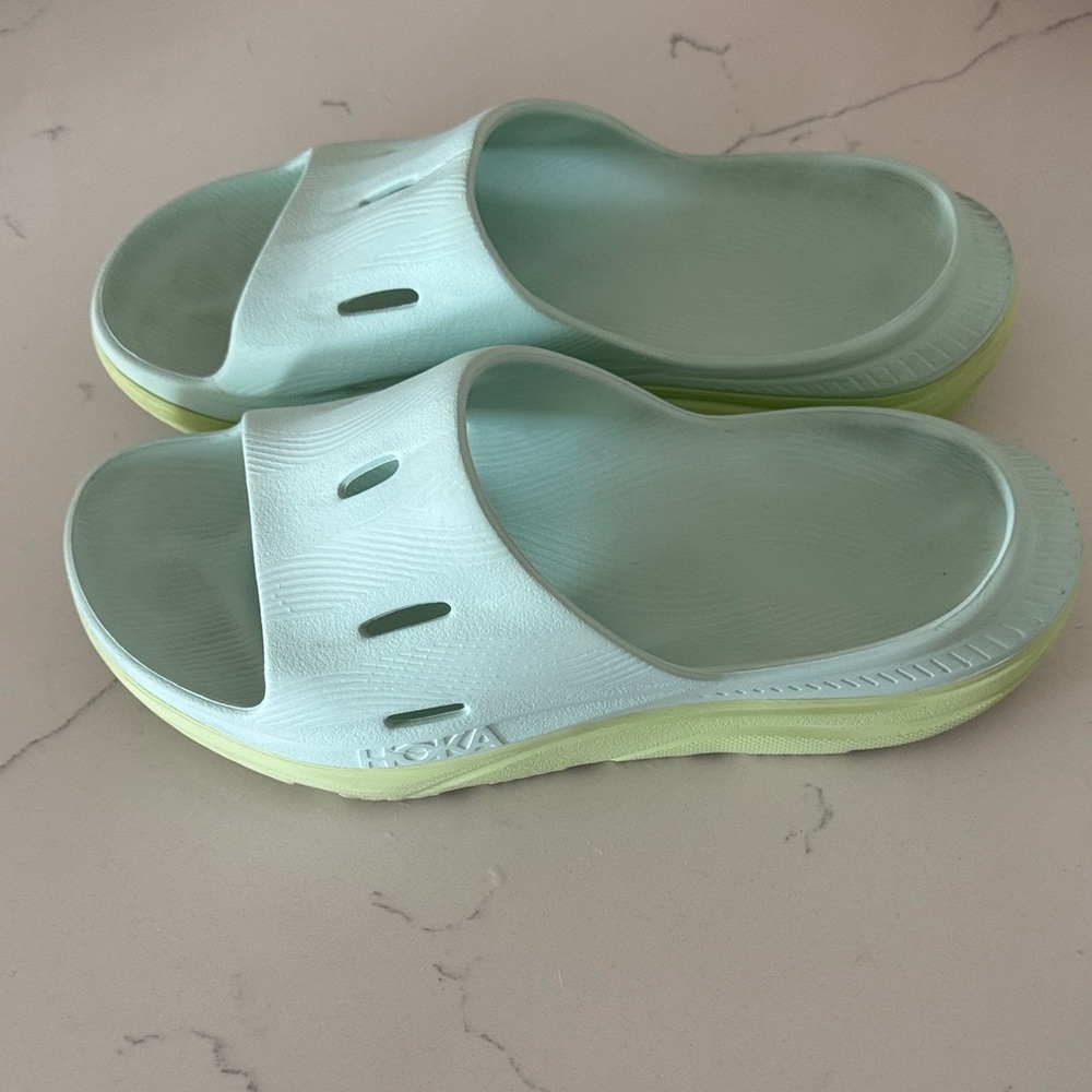 Hoka One One Light Aqua w/ Green Slide Sandals - Picture 2 of 9